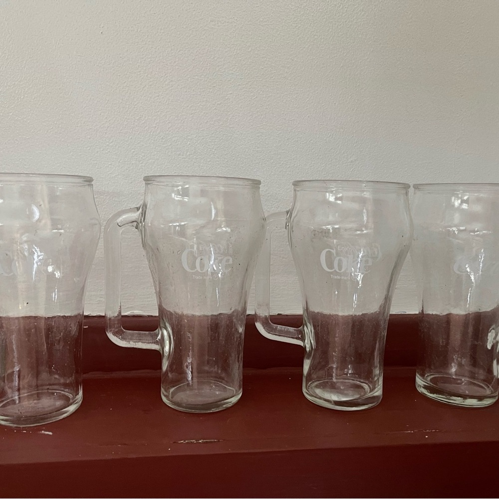 4 Vintage Coca Cola Clear Glass with Handle Mug Enjoy Coke 16 Oz.